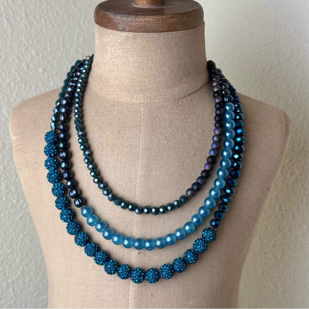 Multi Strand Upcycled Handmade Crystal Pearl Beaded Necklace Blue
